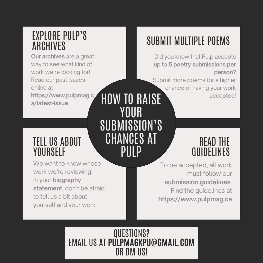 Only a few weeks left before Fall 2024 submissions close! In preparation for the final stretch, here are 4 tips on increasing your chances of getting accepted by pulp MAG.
Good luck!
#submissionsopen #opensubmissions #literarymagazine #kwantlenpolytechnicuniversity