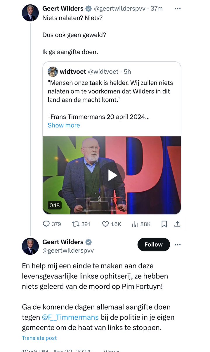 Schot voor de boeg: als de “aangiftes” tegen @F__Timmermans waartoe Wilders oproept juridisch niet houdbaar is (want verspreking) gaat Wilders klagen over de vooringenomen rechtsstaat