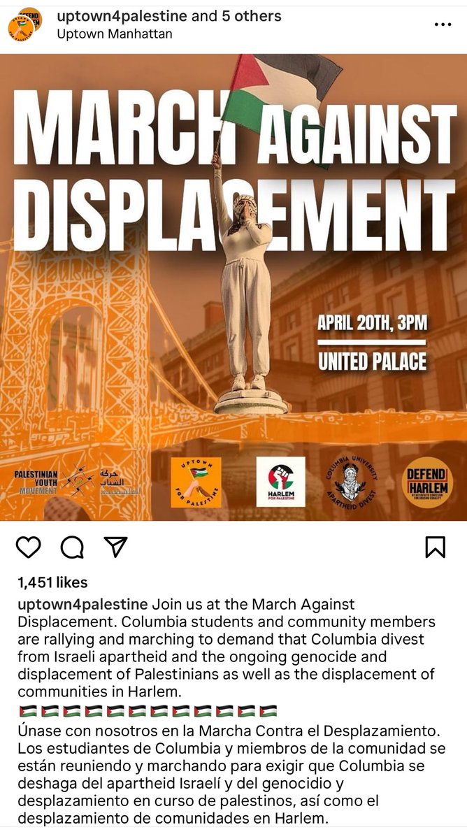 datainput's tweet image. 2/
MARCH AGAINST DISPLACEMENT
started at United Palace, marching south on Broadway, Manhattan, NYC
Saturday, April 20, 2024.
Instagram: uptown4palestine

#CeasefireNOW #FoodNOW #SaveGaza #FreePalestine #nyc