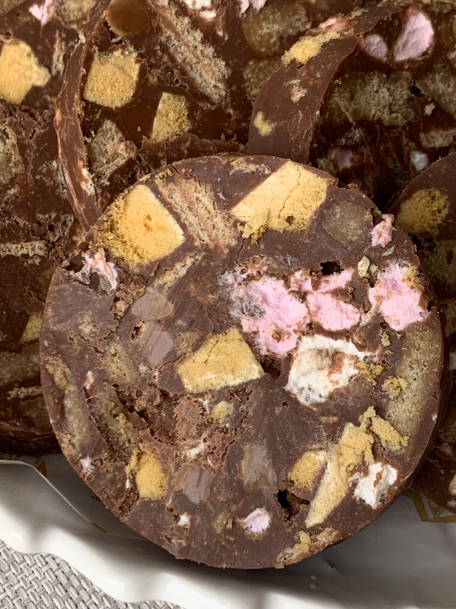 #twitterbakealong @Rob_C_Allen  @thebakingnanna1  My trail rocky road tower I made this morning cut into circles to make my rocky road rounds 😀. Just a plastic bowl, a bit of food safe plastic and some sellotape. Who needs expensive gadgets. @Callebaut_UKIE #recycle