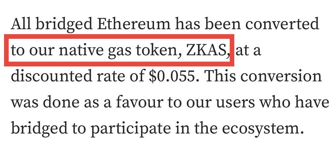 How to rug your community for $30,000,000 USD: 1) Get people to bridge ETH in a 'bridge to earn' program. 2) Promise to return all bridged ETH 1:1. 3) Automatically convert all bridged ETH into your own worthless gas token 'ZKAS' without prior consent. 4) Pretend it was done