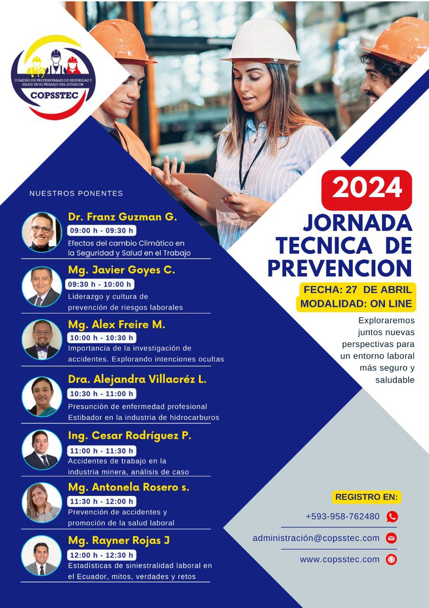 copsstec's tweet photo. Invitados a participar en esta importante jornada técnica de prevención con temas de interés profesional a desarrollarse de manera virtual:
🗓️ Fecha: El día 27 de abril 
⏰ Hora: 09:00 a 12:30
Regístrate y participa: https://t.co/Azs5UQgl6T https://t.co/fQqQIIWwoI