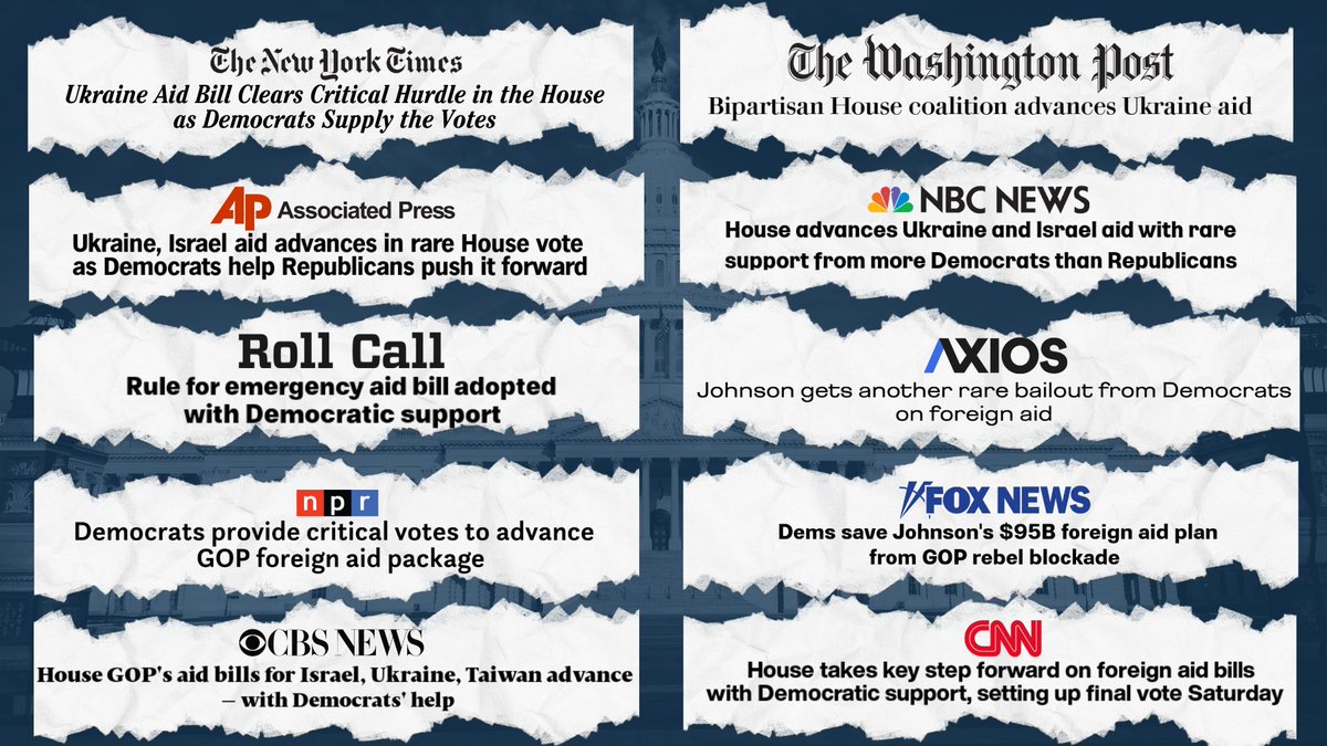 .@HouseDemocrats delivered the votes to pass critical legislation for the American people. For months, extreme MAGA Republicans blocked passage of these bills to protect America’s national security and support our democratic allies. While they're in chaos, Democrats delivered.