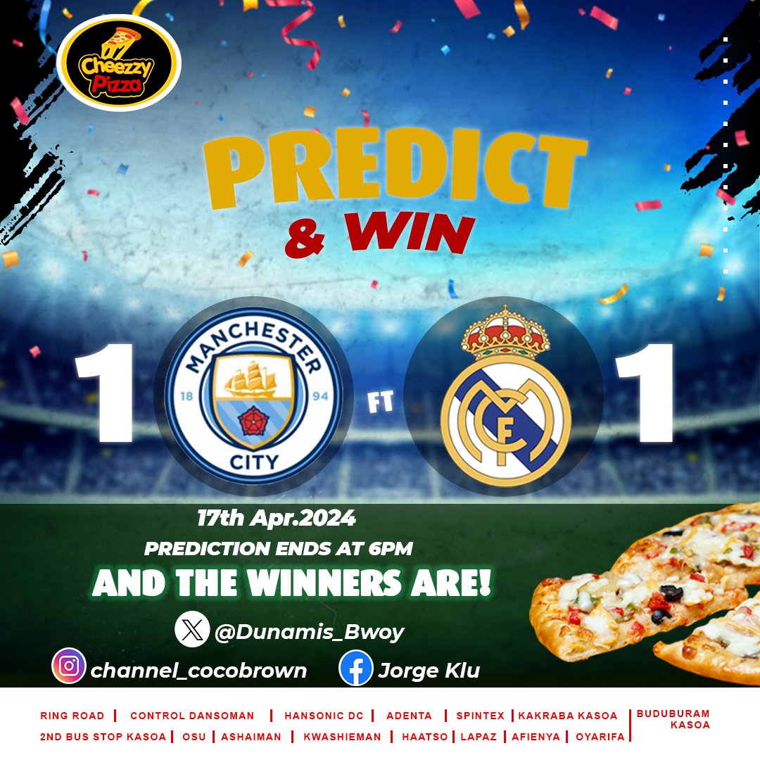 Congratulations to the winners of our Predict & Win match between Manchester City & Real Madrid. Your large-sized pizzas await you 🍕 ⠀ Please reply in comments for prize #CheezzyPizza #CheezzyPredict ⠀⠀ They were the first to predict the correct scoreline