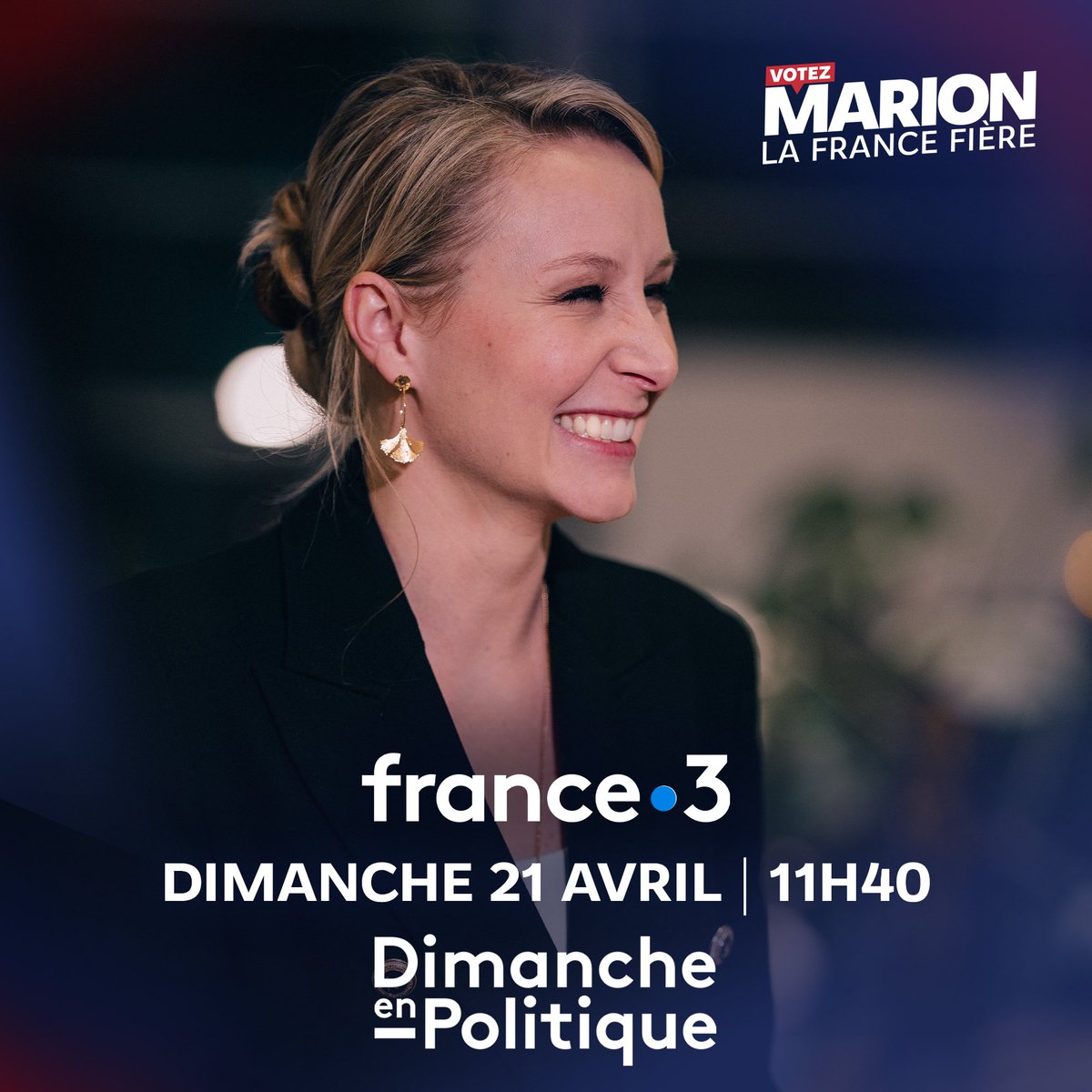 🔵⚪️🔴 À vos postes !

#MarionMaréchal nous donne RDV ce dimanche 21 avril à 11h40 sur France 3.

Notre VP exécutive et tête de liste aux #Européennes2024 est l’invitée de F. Letellier dans l'émission 'Dimanche en Politique'.

#DimPol
#Reconquête🌿
#VotezMarion #LaFranceFière🚀🇫🇷