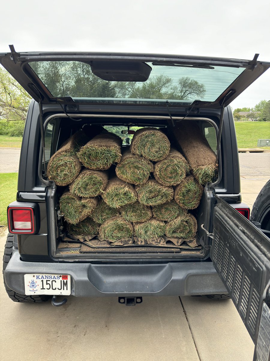 Yes. You can get 18 roles of sod in a #Jeep. If anyone has that math problem. #JeepLife