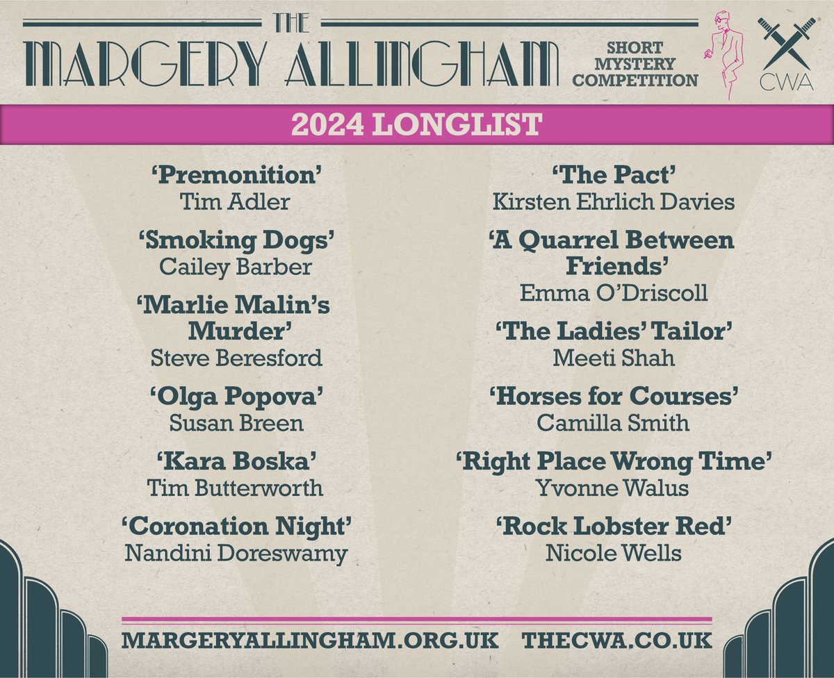 Today, we’re also announcing the longlist for this year’s MARGERY ALLINGHAM SHORT MYSTERY competition! Congratulations to everyone who made the list 👇

thecwa.co.uk/awards-and-com…