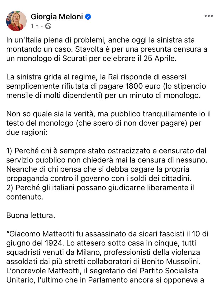 Bella mossa, Giorgia! 

Prima viene fatto passare al vaglio il testo di Scurati per il 25 aprile; poi lo censurano; poi, una volta scoperti, tirano fuori la scusa del compenso; infine, resasi conto che il giochetto è stato svelato, Meloni fa la paladina dell’anticensura e