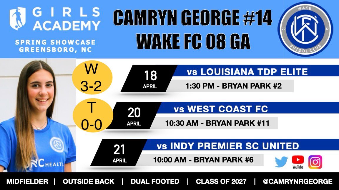 Still undefeated at the @GAcademyLeague showcase. 1 more game to go! 
#GAspring #fortheplayers #thewakefcway #outsideback #midfielder #dualfooted #classof2027 @TopDrawerSoccer @TheSoccerWire @PrepSoccer @SoccerMomInt @ImYouthSoccer @ImCollegeSoccer