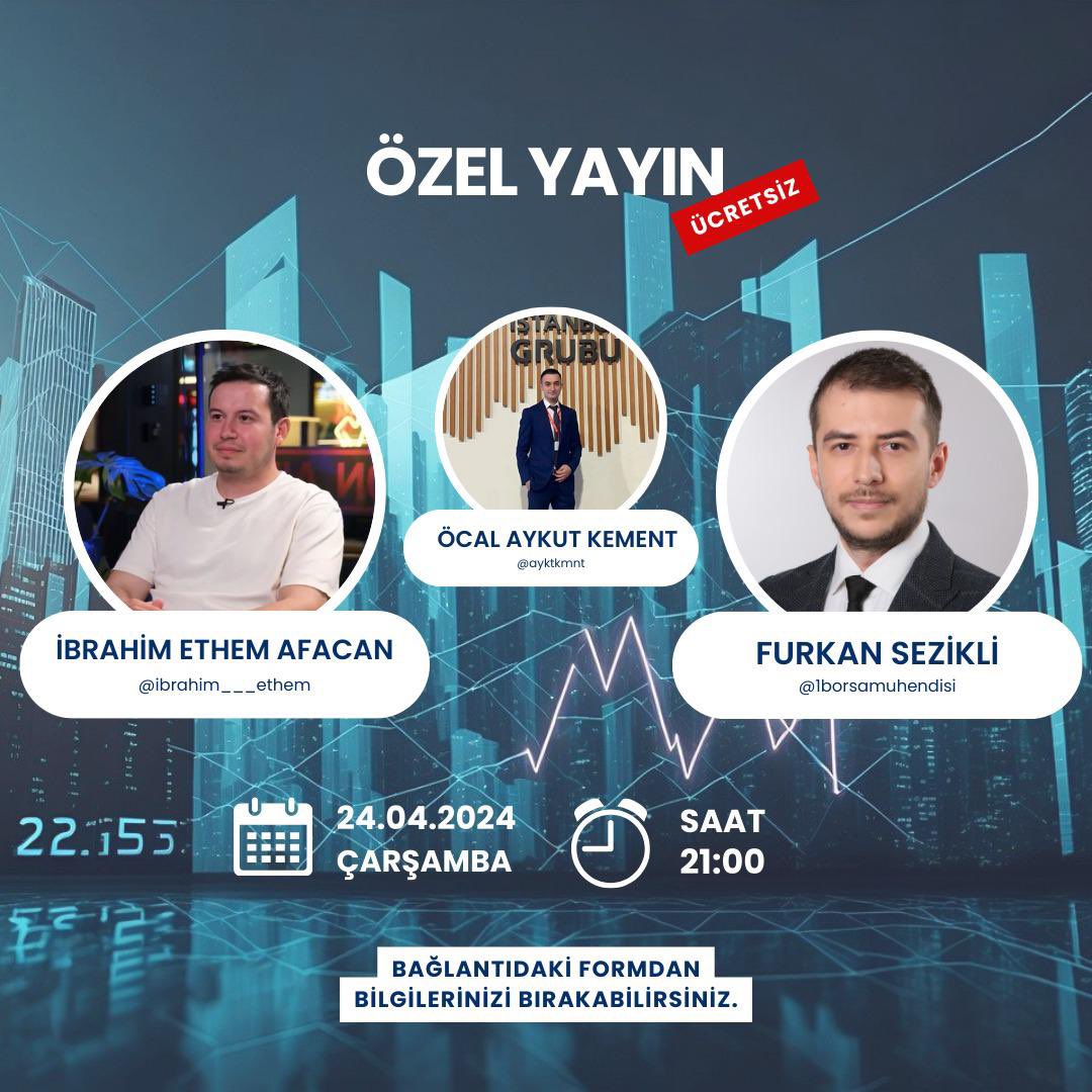 Furkan {<a href="/1borsamuhendisi/">Furkan Sezikli</a>} ve Aykut {<a href="/ayktkmnt/">Öcal Aykut K.</a>} ile piyasaya farklı yönlerden bakmaya çalışacağımız genele açık ilk yayınımızı 24 Nisan Çarşamba 21:00’de gerçekleştireceğiz.

Katılmak için:
👇🏻
forms.gle/rkbN4xq9cAVp6W…