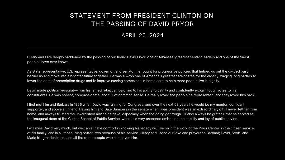 My statement on the passing of my friend David Pryor.