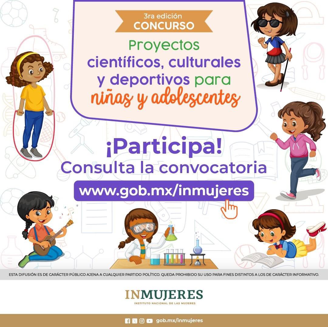 ¡Próximo cierre de convocatoria! Si eres niña o adolescente con algún proyecto científico, cultural o deportivo con perspectiva de género y que beneficie a tu comunidad, ¡Aprovecha esta oportunidad! Impulsa tu creatividad. Tienes hasta el 26 de abril. bit.ly/3Iu9oYt