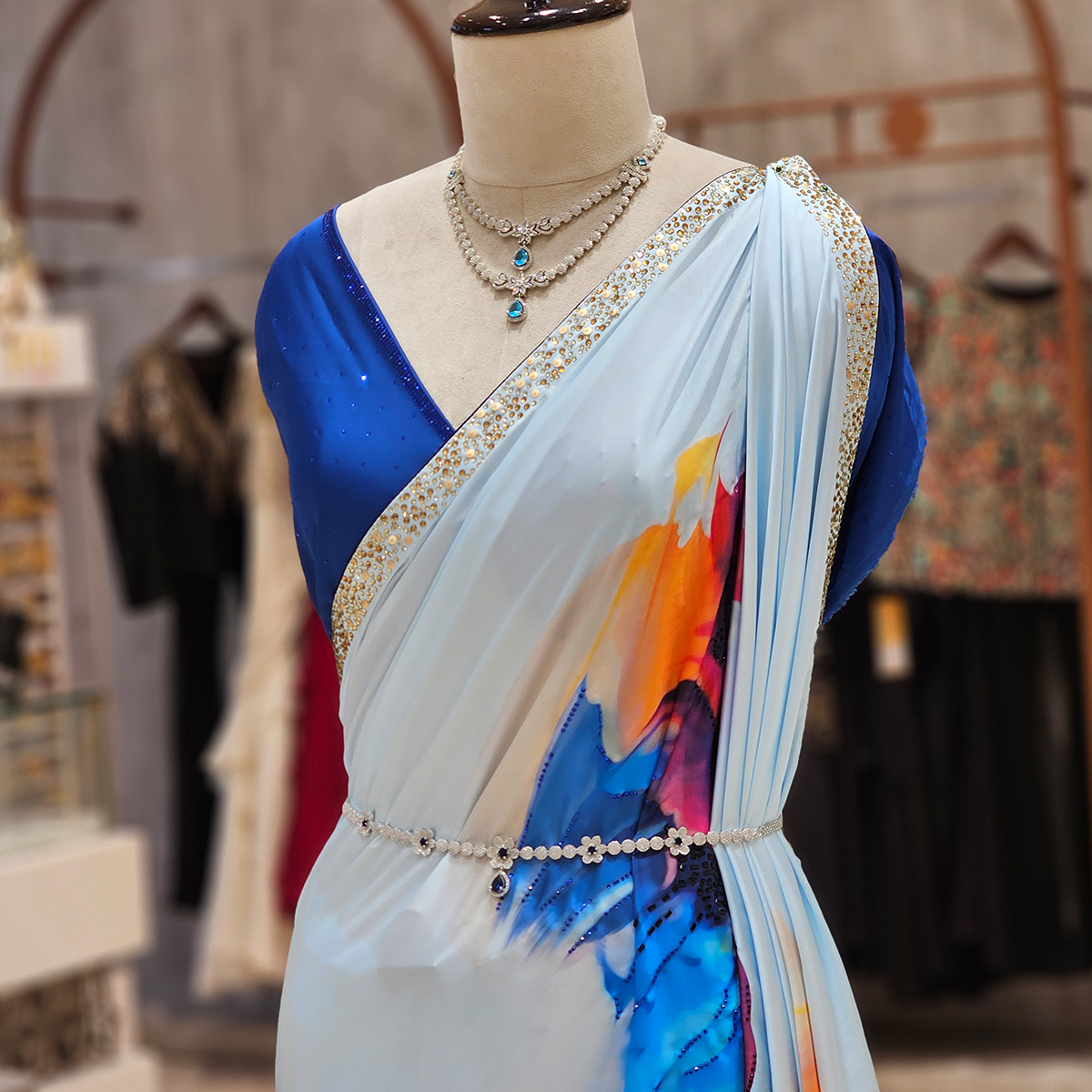 Abstract Vibe🌟  Vibrant abstract print saree with a colorful palette complemented by detailed border work✨   Visit us and find your perfect statement saree💫  #neerusindia #neerus #neerusfashion #newcollection #ethnicwear  #lehengas #bridal #gowns #sarees #fusion