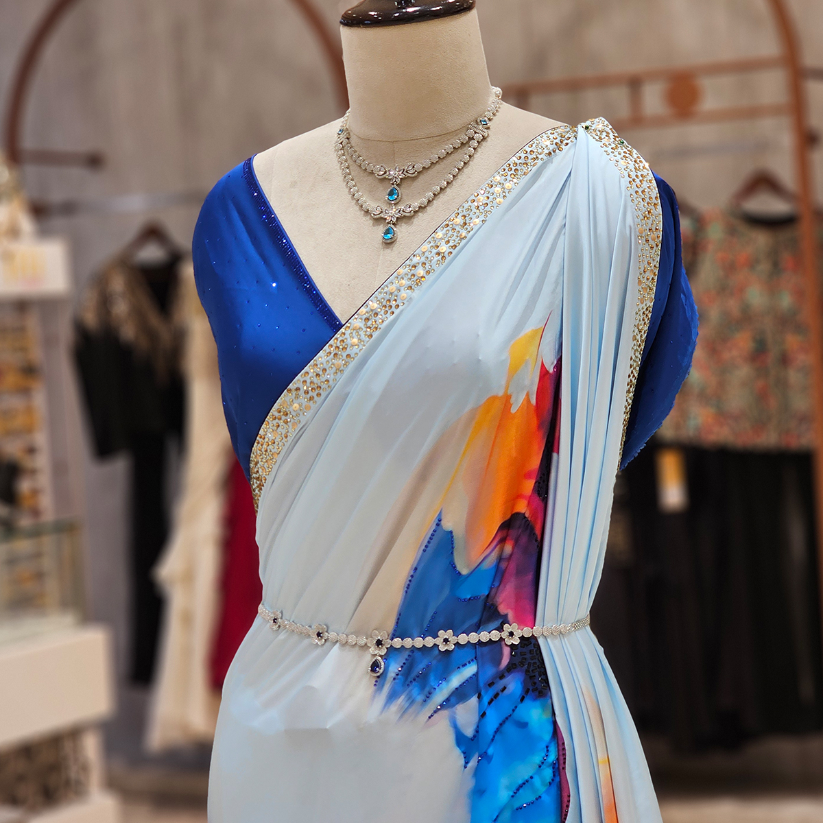 NeerusInd's tweet photo. Abstract Vibe🌟 Vibrant abstract print saree with a colorful palette complemented by detailed border work✨ Visit us and find your perfect statement saree💫 #neerusindia #neerus #neerusfashion #newcollection #ethnicwear #lehengas #bridal #gowns #sarees #fusion https://t.co/zvE1GrTXPl