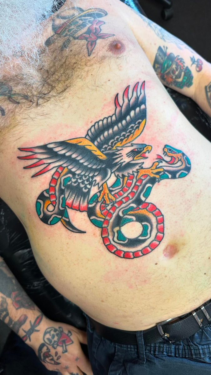 My new Eagle & Snake stomach tattoo. #traditionaltattoo #tattoo #snaketattoo
