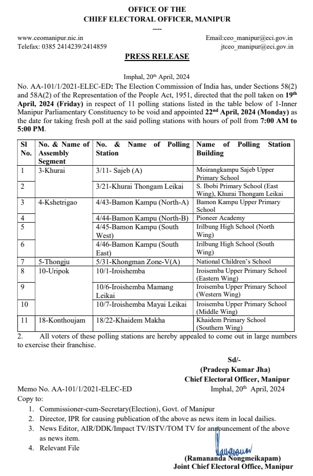 Thank you @ECISVEEP @CeoManipur Repolling for 11 Stations in #Manipur on April 22. Let's hope this time, there is adequate security arrangements to ensure voters exercise their rights to freely choose their candidate. @Bimol_Akoijam @thbasantasingh @Maheshwarthouna