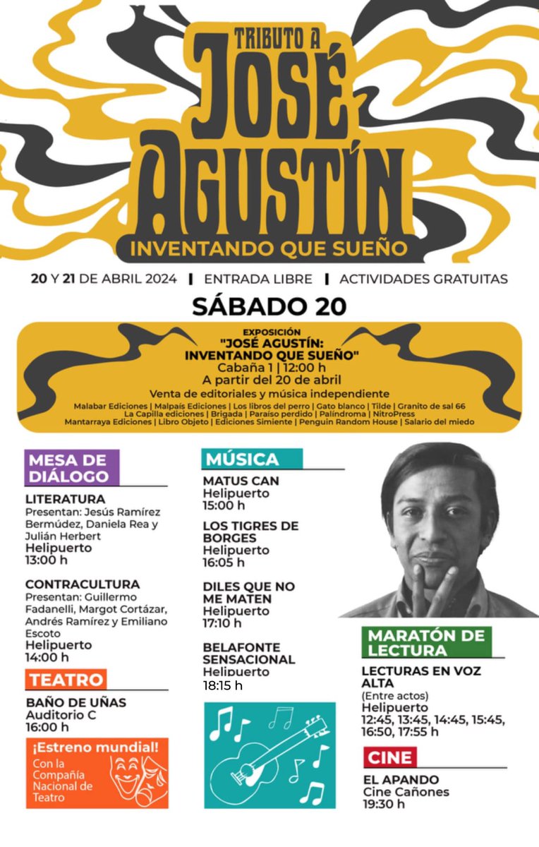 Hoy homenaje al gran José Agustín en los pinoles, @CC_LosPinos con @holabelafonte, #lostigresdeborges,  @julian_herbert, @LaBarrancaMx, #NinaGalindo, @decapitadas, @BrisenoMX y más.