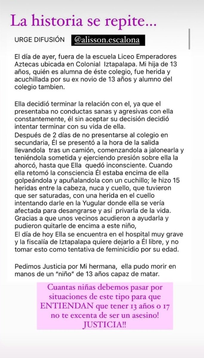 #INDIGNANTE 🔴| Denuncian en redes sociales que una niña de 13 años fue acuchillada por su ex-novio de también 13 años en las afueras de la escuela Liceo de Emperadores Azteca, la niña fue acuchillada en 15 ocasiones pero aun así el ex novio esta libre por su edad. ¡Exigimos…