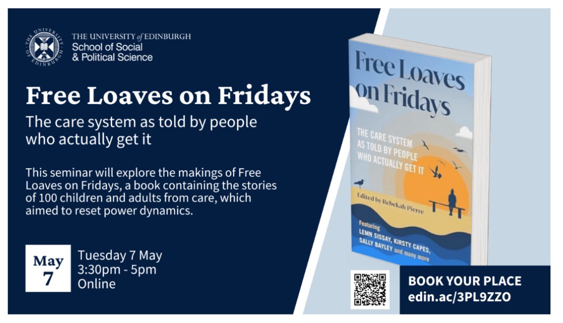 On 7th May @ 3.30 I’ll be speaking at @uniofedinburgh on the creation of Free Loaves on Fridays - the only mainstream anthology to have a no-rejection policy. If you care about fair, inclusive publishing AND amplifying care-experienced voices this is for you. Links below 👇🏼