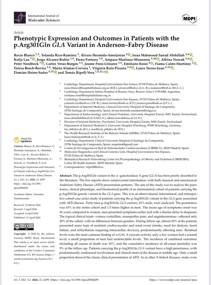 New paper about Phenotypic Expression and Outcomes in Patients with the p.Arg301Gln GLA Variant in #Fabry Disease. Congratulations @_RoBlanco and all collaborators from Mallorca, Santiago @Info_Rares Switzerland and Germany @secardiologia @seccCFyGenetCV mdpi.com/1422-0067/25/8….