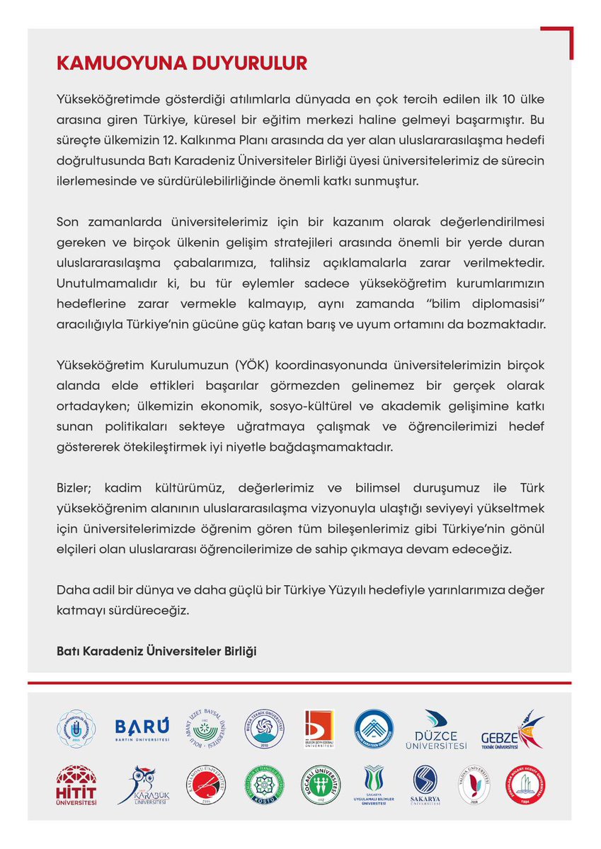 Kamuoyuna Önemle Duyurulur❗️ Üniversitemizin de üyesi olduğu Batı Karadeniz Üniversiteler Birliği tarafından son zamanlarda uluslararası öğrencilere yönelik yapılan talihsiz açıklamalarla ilgili bir bildiri yayımlanmıştır. 🔗 w3.bartin.edu.tr/duyurular/bati…