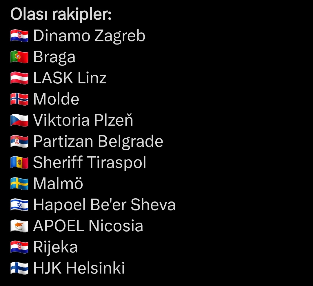 Ztk alıp play off tan uel katılırsak muhtemel rakiplerimiz bunlarmış.

Sizce kim bizi zorlar gruplara kalabilir miyiz?

Molde ve Plzen gelmezse zorlanmadan kalabiliriz gruplara