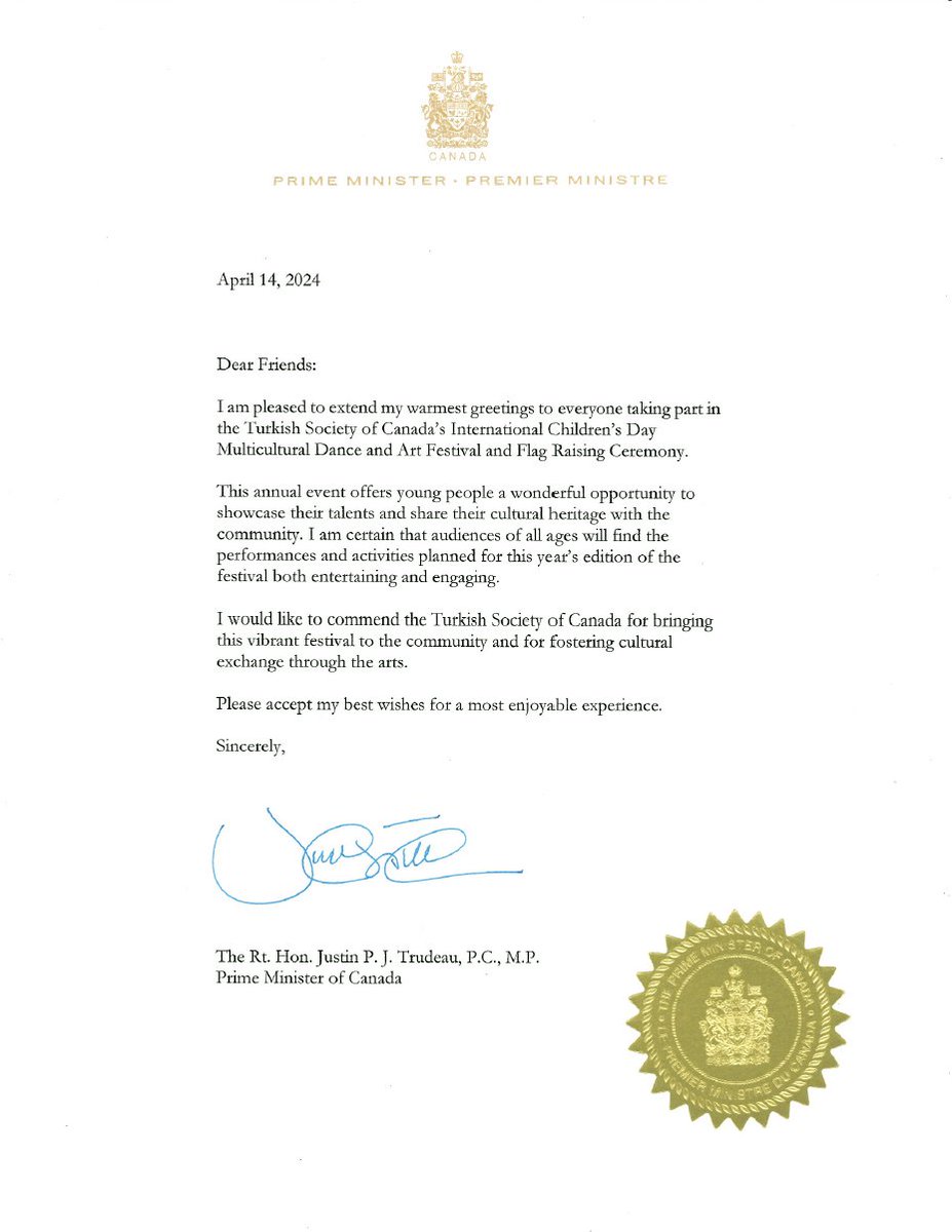 Immense thanks to Prime Minister of Canada <a href="/JustinTrudeau/">Justin Trudeau</a> for his encouraging letter to our International Children's Day - Multicultural Dance and Art Festival. We are honored by your support.  🇹🇷🇨🇦