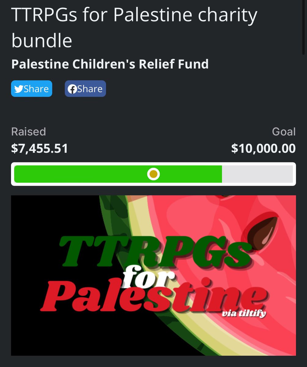 TTRPGs for Palestine via tiltify is just over $2,500 away from meeting its $10,000 fundraising goal!! Thank you all for supporting this community effort! There are over 190 TTRPGs for you to discover for a donation of just $15+