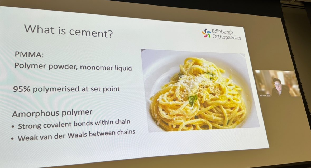 Perfect lunchtime lecture from @EdinburghKnee explaining cement principles using pasta @AAOS1 @heckmannortho