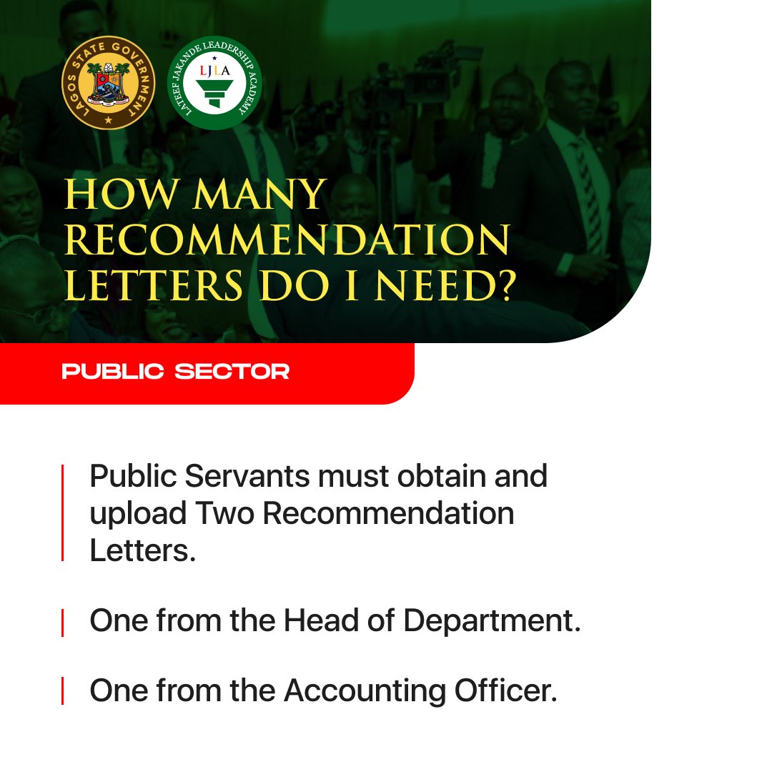 Here’s a checklist of things you need for the application process.

• Passport Photograph
• ⁠CV
• ⁠Identity Card
• ⁠Recommendation Letters;
       -Public Servant applicants
       -Private Sector applicants 

NB: Kindly swipe left for more information.

#LJLAcademy
