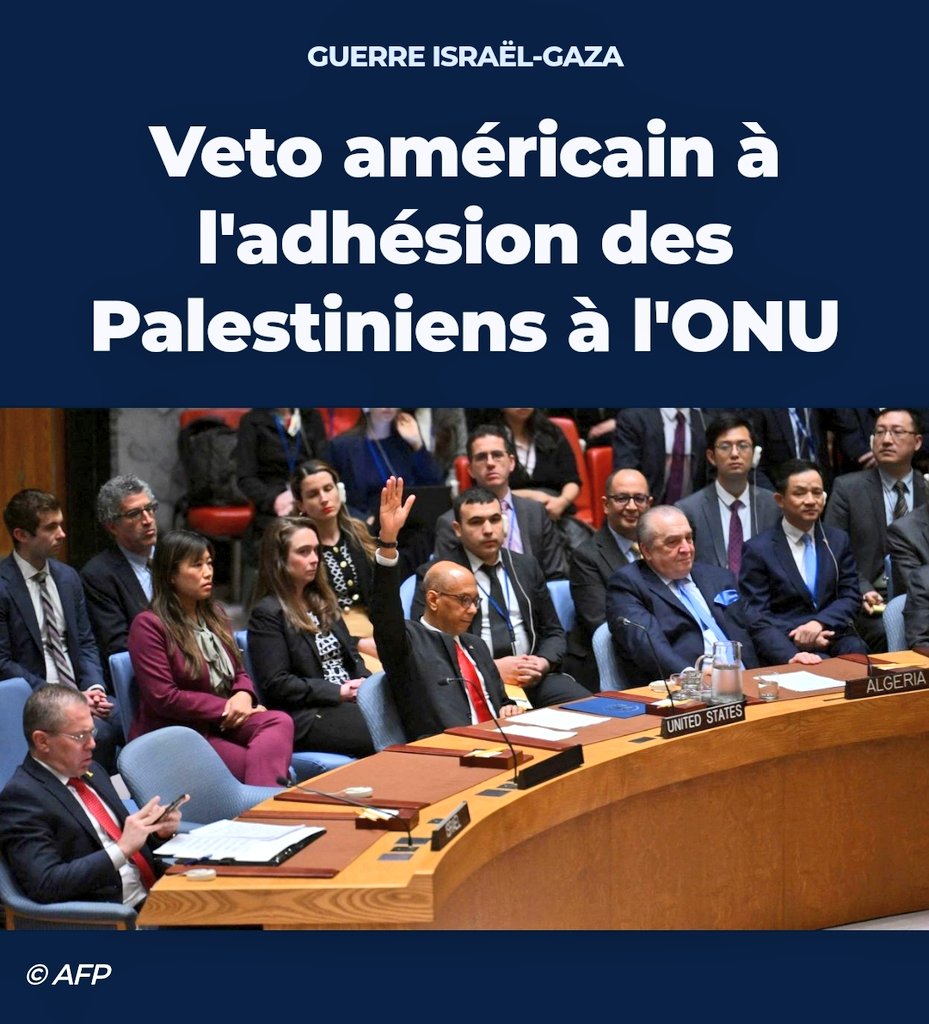 Adhésion de la #Palestine 🇵🇸 à l'#ONU: une fois de plus un véto américain qui empêche, sur ce sujet comme sur d'autres, toute avancée concrète, humaine et solidaire! Quelle est encore la crédibilité des Nations unies paralysée par un fonctionnement hérité de l'après-guerre 40-45?