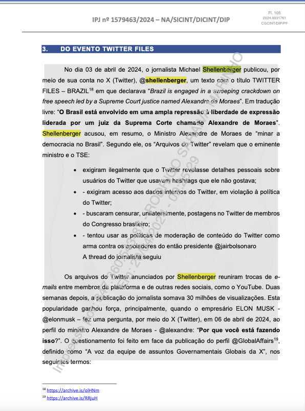 shellenberger's tweet photo. Aqui estão as páginas do assustador relatório da Polícia Federal, que promove uma teoria da conspiração maluca... Minha parte favorita é a captura de tela da minha página de perfil, que inclui o banner "Defund the Thought Police". Oh a ironia! 😂