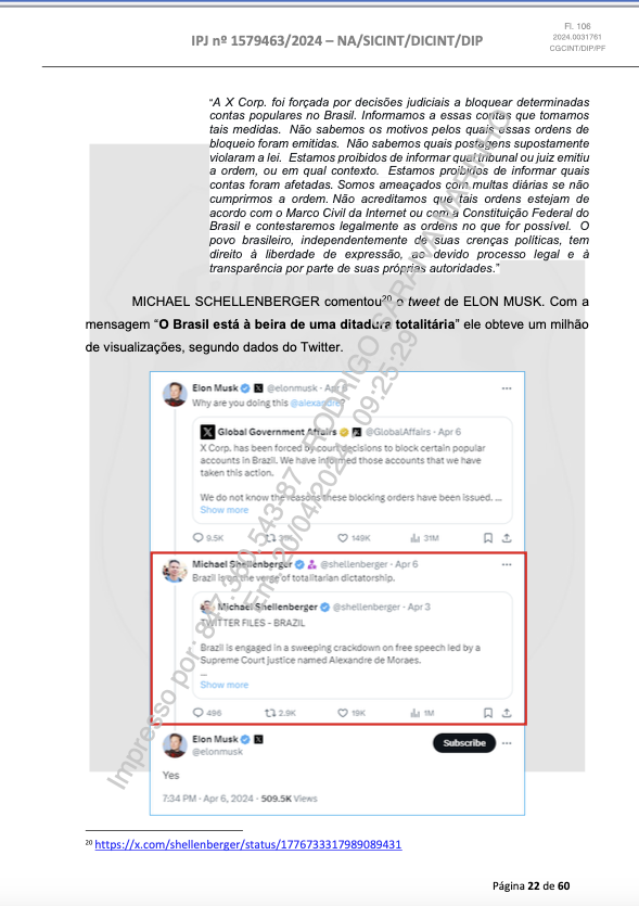 shellenberger's tweet photo. Aqui estão as páginas do assustador relatório da Polícia Federal, que promove uma teoria da conspiração maluca... Minha parte favorita é a captura de tela da minha página de perfil, que inclui o banner "Defund the Thought Police". Oh a ironia! 😂