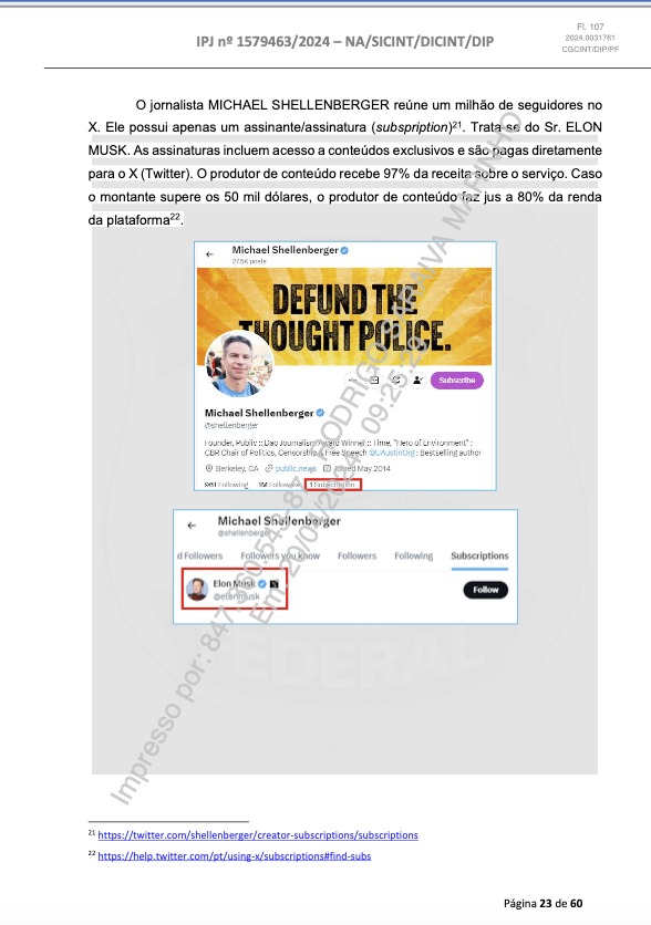 shellenberger's tweet photo. Aqui estão as páginas do assustador relatório da Polícia Federal, que promove uma teoria da conspiração maluca... Minha parte favorita é a captura de tela da minha página de perfil, que inclui o banner "Defund the Thought Police". Oh a ironia! 😂