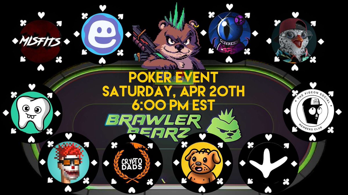 It's time to shuffle up and blaze through this month's 4.20 Poker Tournament 💨🐶 Welcoming ANY holder of @BrawlerBearz @beanbagfrens @_HenHouseNFT @theMisfitsNFT @SpaceRidersXYZ @chompies_nft @PunkSecrets @ThePigeonSocial @GoodDogsTM @CPCNFTs @CryptoDadsNFT Check