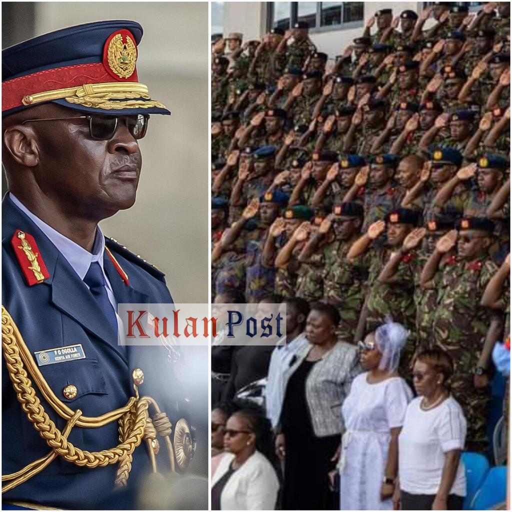 FINAL SALUTE: KDF servicemen give the fallen Chief of the Defense Forces General Francis Ogolla the final salute during a military honour and memorial service at Ulinzi Stadium, Lang'ata, Nairobi. During the military honour, members of the Kenya Defense Forces stood in groups