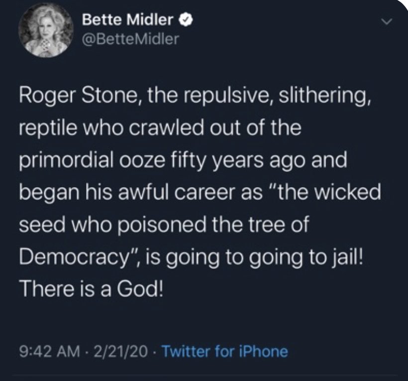 RogerJStoneJr's tweet photo. I spent not a day in jail but you a vile, bitter, nasty, dried up old crone who will burn in hell. Now drink your  adrenochrome  and STFU. There is a God ! https://t.co/On08qso1O9