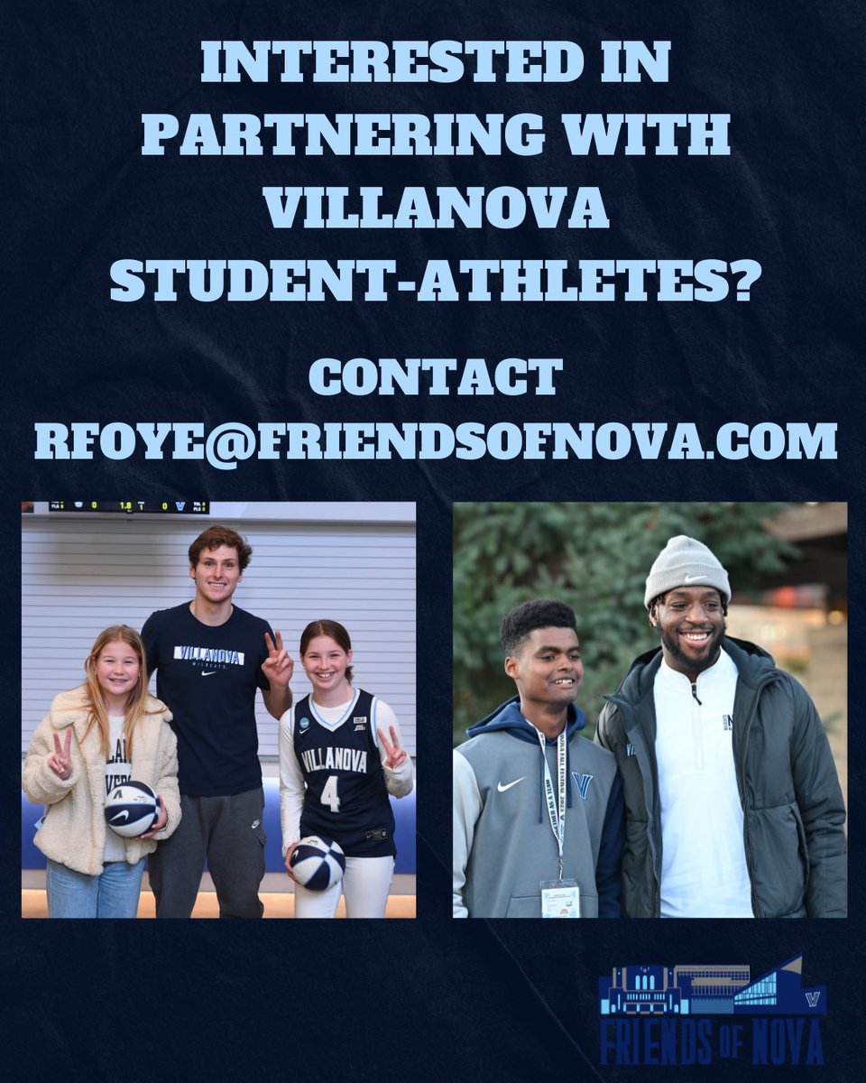 Nova Nation, we need your support. In order to remain competitive, we are calling on local businesses to support our Villanova student-athletes. If interested in partnering with Friends of Nova and Villanova student-athletes, please contact rfoye@friendsofnova.com to learn more!