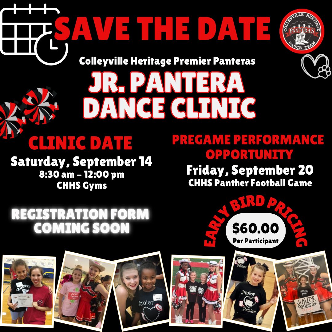 📣 SAVE THE DATE 📣
 For our Annual Junior Pantera Clinic!!

Clinic Date - Saturday, September 14th
Pregame Performance Date - Friday, September 20th
Pre-K to 8th graders welcome!

Stay tuned for the registration link!! 

*pictured are current Panteras as Junior Panteras ❤️