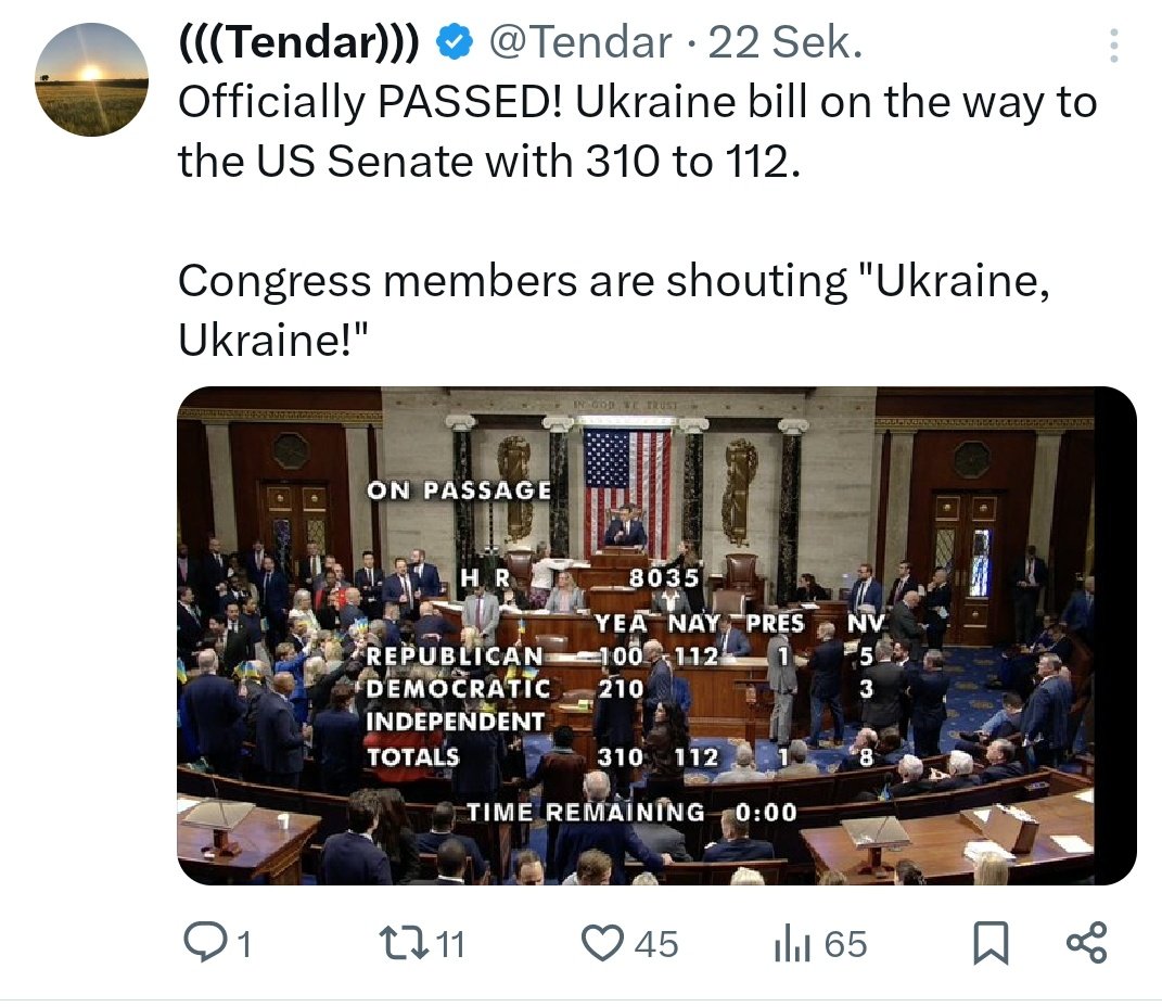 'Am Ende des Tages' hat das US- Repräsentantenhaus heute das 60 Mrd. $ Ukraine-Paket verabschiedet. Fehlt noch der Senat, das ist aber eine Formsache. Dann könnten laut @washingtonpost die ersten Waffen binnen 1 Woche in der Ukraine sein. Das war leider ein ziemlich langer Tag😖