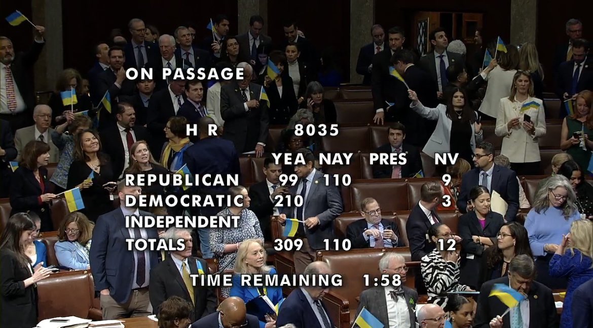 House Democrats are waiving Ukraine flags on the House floor as members of Congress vote to send nearly $61 billion more to Ukraine. Disgusting.