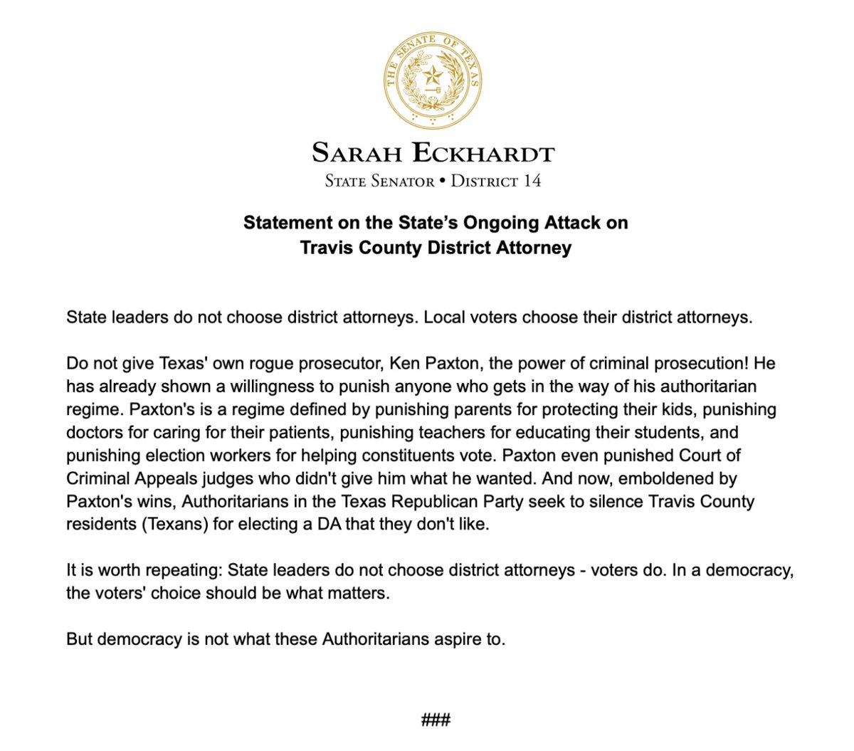 This is a move straight out of the Authoritarian Playbook of Texas' very own rogue prosecutor, @KenPaxtonTX. State leaders do not choose district attorneys - that is a privilege that belongs solely to local voters. #txlege