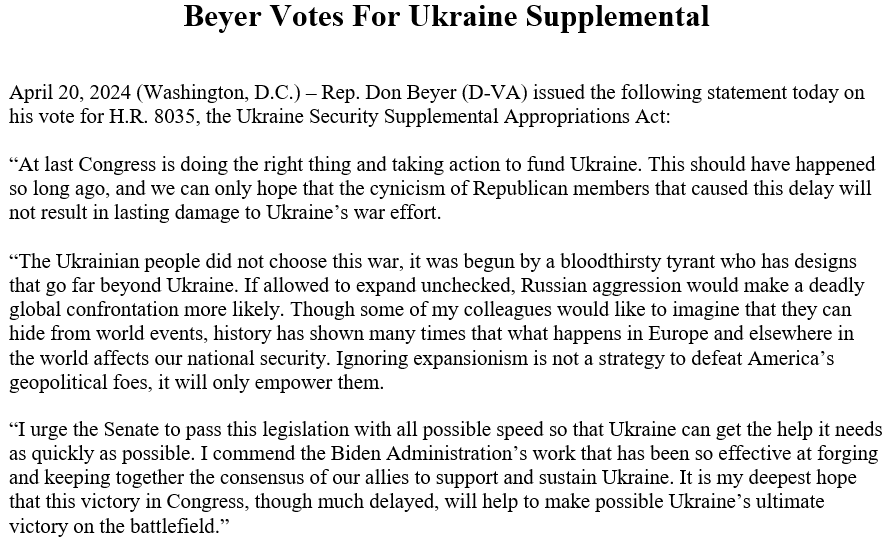 FINALLY. The House just passed legislation to fund Ukraine's defense after a long delay that never should've happened. But we passed it as last. I voted YES with all of my House Democratic colleagues, who carried the bill to support Ukraine. My statement: beyer.house.gov/news/documents…