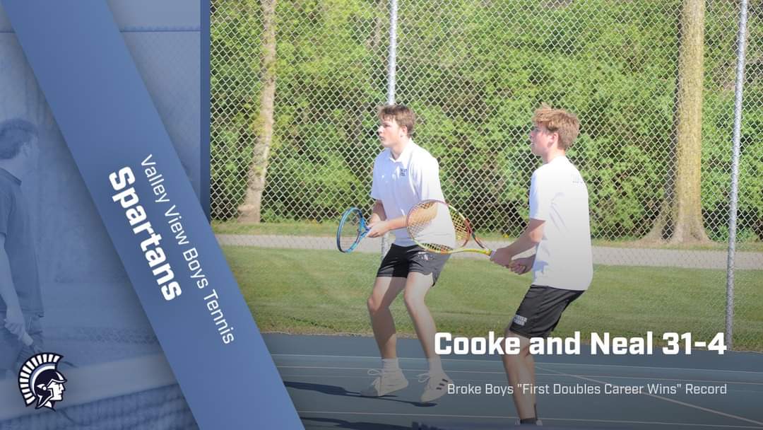 Jonathon Cooke and Josh Neal broke the Valley View Boys Tennis 'First Doubles Career Wins' Record 31-4 this morning at their MVTCA Tournament.