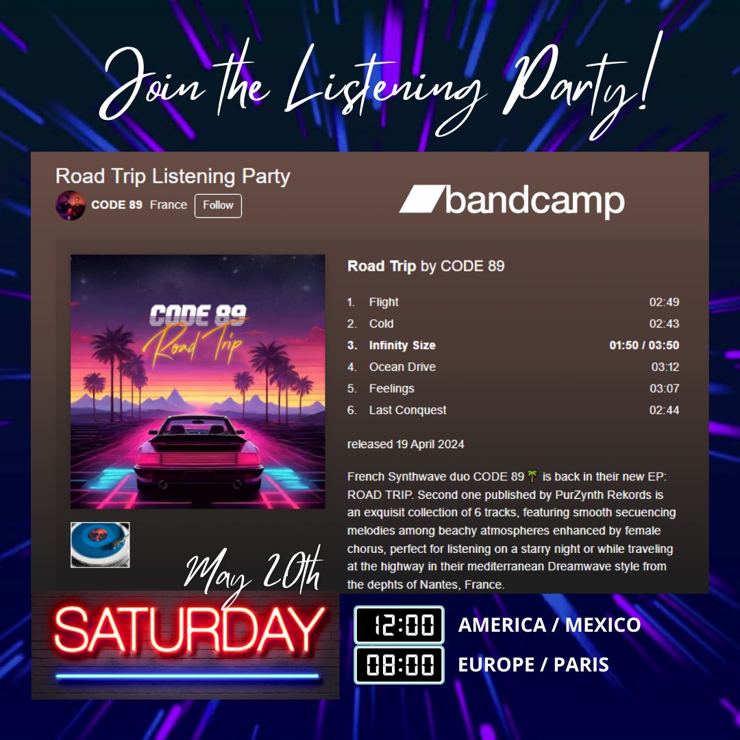 About to start! Join the LISTENING PARTY Now! 
for CODE 89🌴New EP:  ROAD TRIP📷 
code89off.bandcamp.com/live/road-trip… 

#PurZynth #Synthwave #Retrowave #Bandcamp