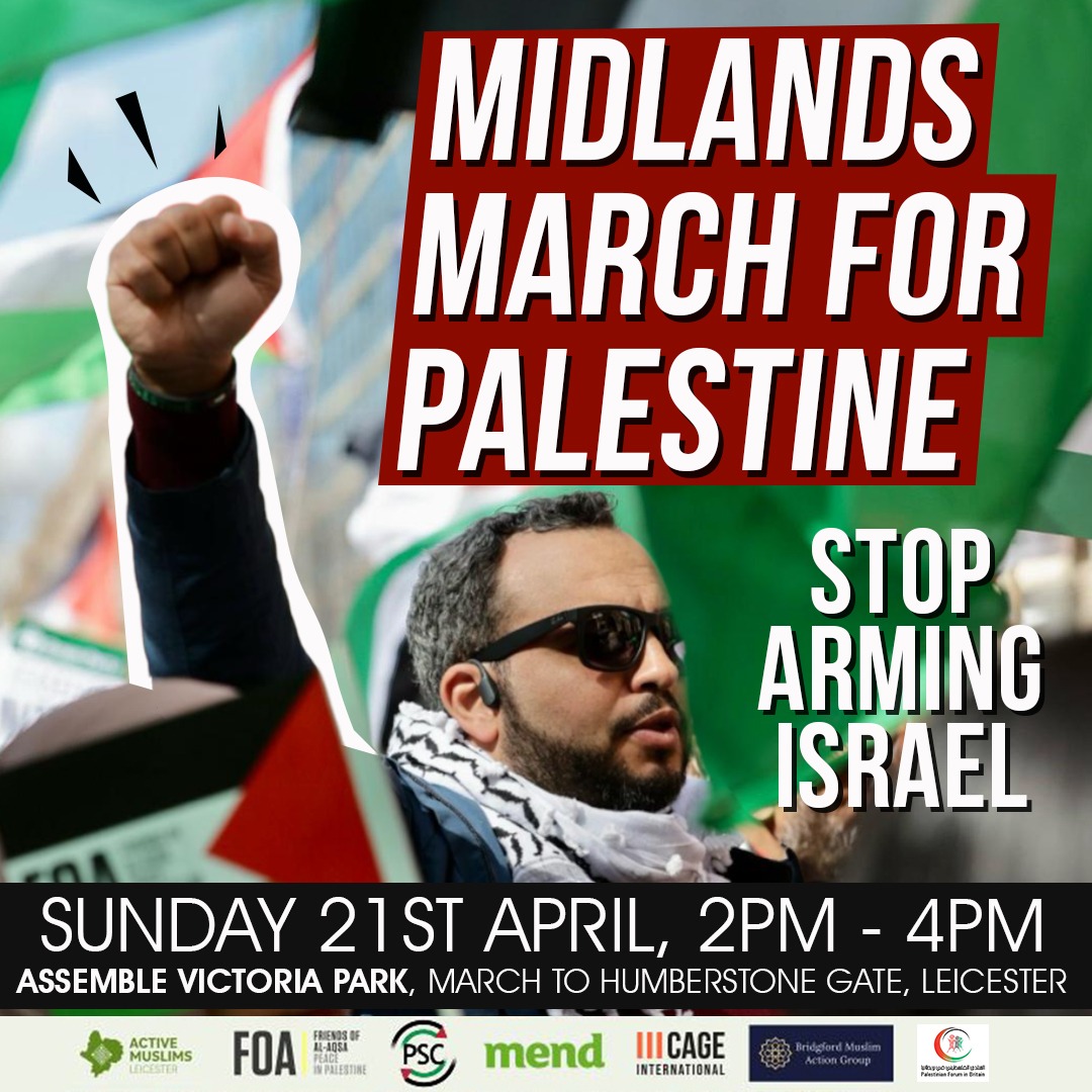 Will you join us for the Midlands March for Palestine? 🇵🇸 Tomorrow from 2pm we will march from Victoria Park in Leicester to Humberstone Gate demanding the government #StopArmingIsrael If you're from the Midlands join us for a #FreePalestine ✊🏿 RT 🔄