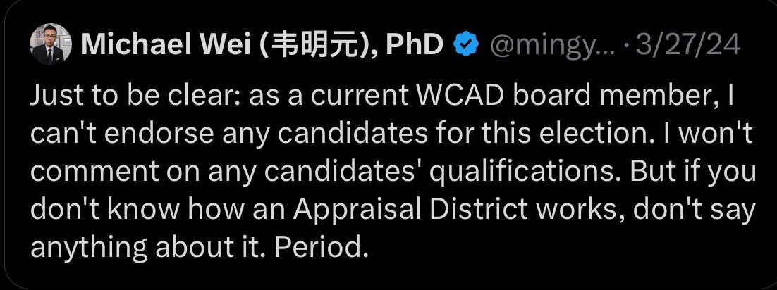 🚨ATTENTION @wilcotxgov PROPERTY OWNERS🚨

You’re no longer allowed to say anything about how an Appraisal District works. Period. 

If you have any questions or concerns about this matter, please reach out to @DrweiForRRISD via WeChat.

#RRISD1Family