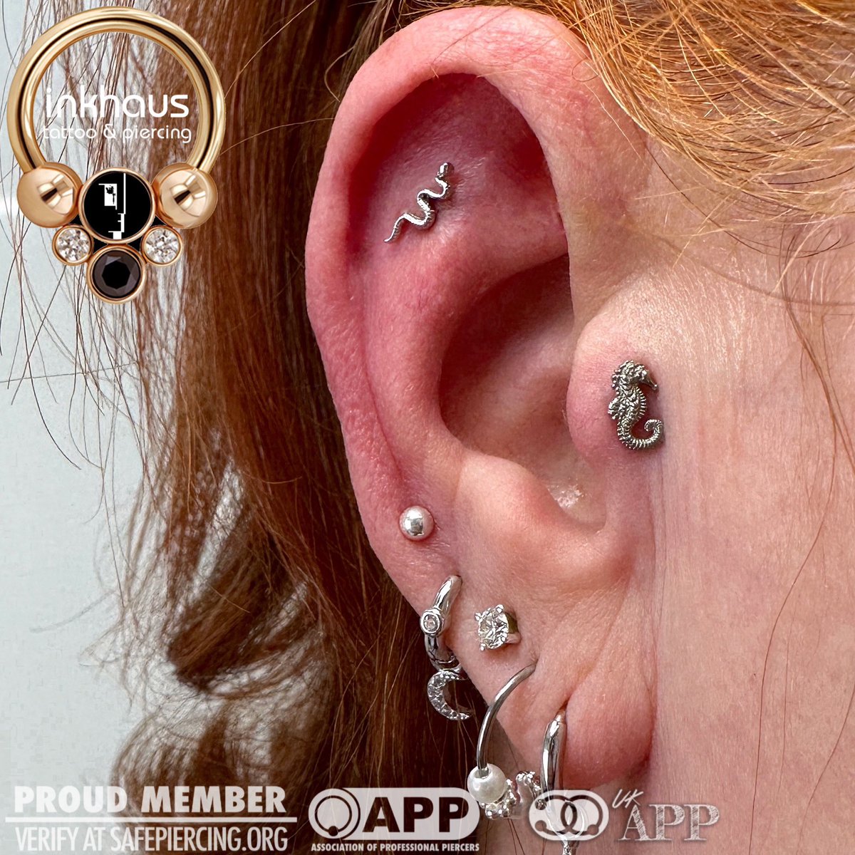This client made some really beautiful choices for her new #piercings! 🤩 For her flat, she chose a tiny snake from @BODYVISIONLA and for her tragus she chose a seahorse from @ANATOMETAL. Both in white gold and crafted in exquisite detail. ✨ #safepiercing #curatedear #teesside