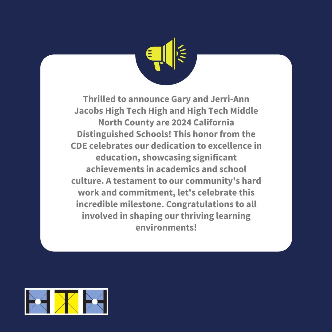 Dear High Tech High Community, Congratulations to everyone at the Gary and Jerri-Ann Jacobs High Tech High and High Tech Middle North County. -Diana Cornejo-Sanchez Interim CEO View Announcement : bit.ly/43vEZT5