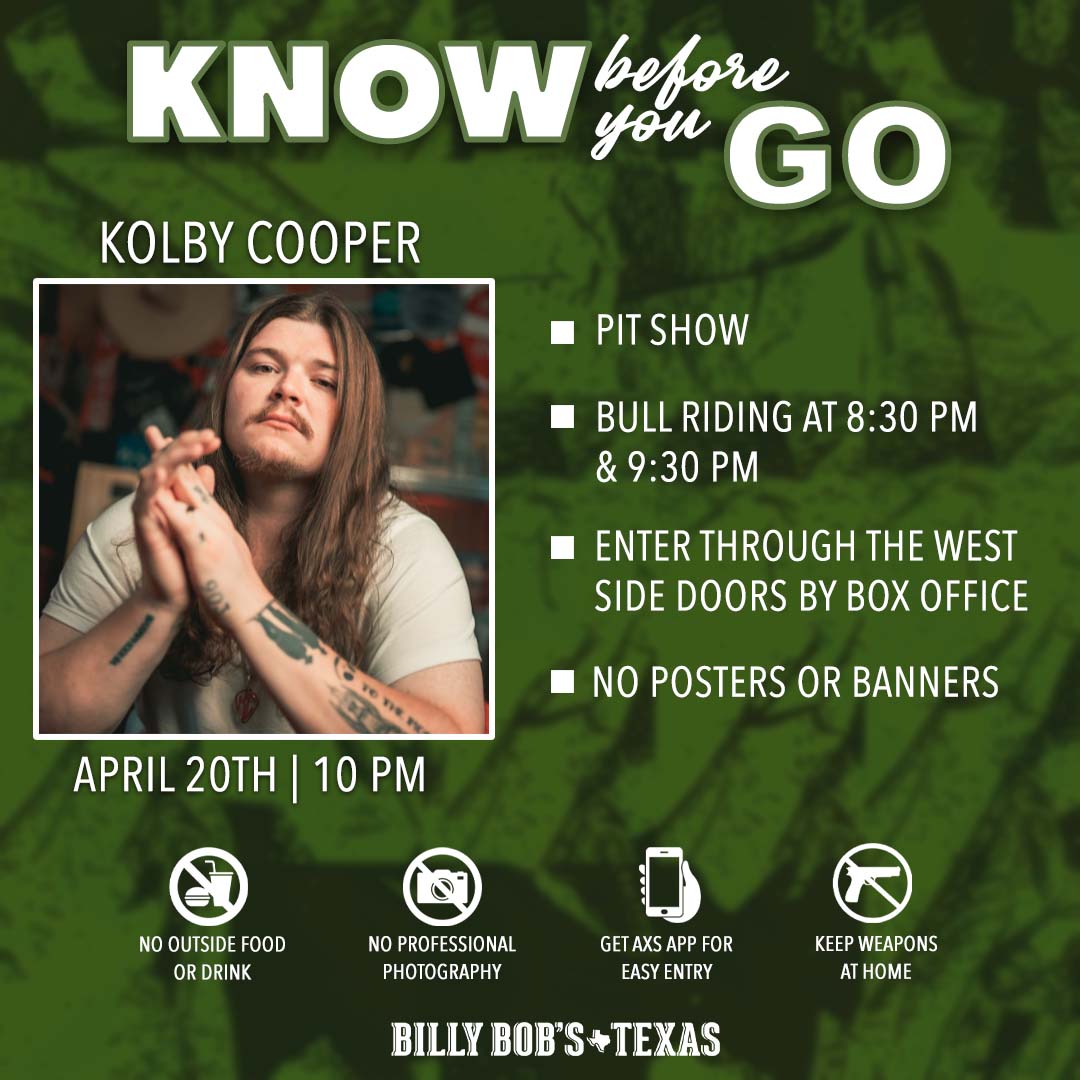 COMING TO THE SHOW? KNOW BEFORE YOU GO!⁠ ⁠ Doors- 6 PM⁠ JD Myers on the Honky Tonk Stage - 8 PM⁠ @KolbyCooper_ on the Main Stage - 10 PM⁠ ⁠ 🎟: bit.ly/KolbyCooper24